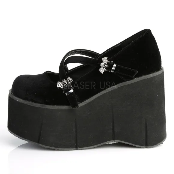 Gothic Criss Cross Bat Wedge Platform Velvet Shoes