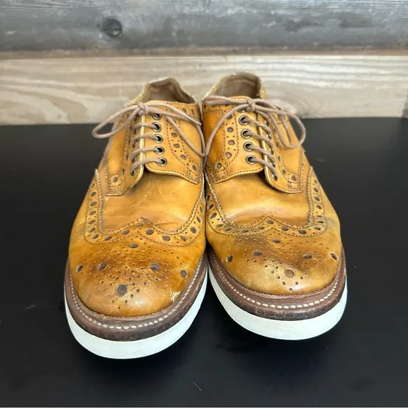 Grenson Mens Archie Brogue Wingtip Tan White Wedge Sole 9 Oxford Leather Lace Up