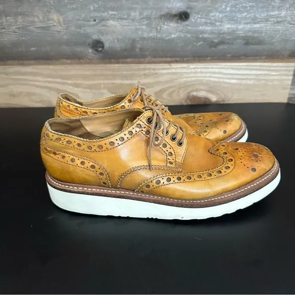 Grenson Mens Archie Brogue Wingtip Tan White Wedge Sole 9 Oxford Leather Lace Up