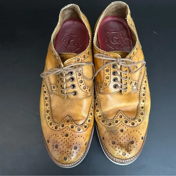 Grenson Mens Archie Brogue Wingtip Tan White Wedge Sole 9 Oxford Leather Lace Up