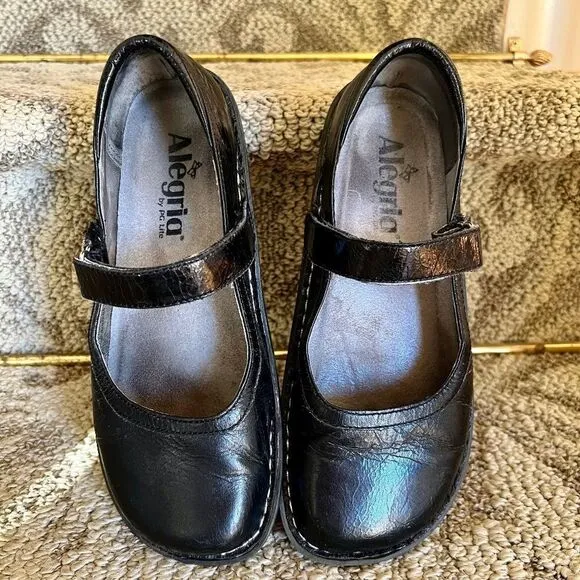 GUC Alegria Bel-101 Belle Crinkle Black Leather Mary Jane Shoes Size 37 7 - 7.5