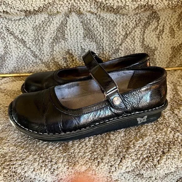 GUC Alegria Bel-101 Belle Crinkle Black Leather Mary Jane Shoes Size 37 7 - 7.5