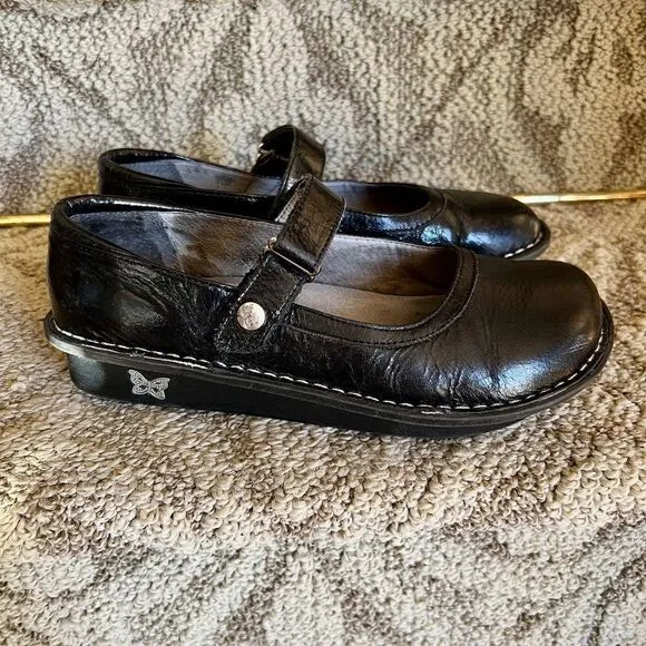 GUC Alegria Bel-101 Belle Crinkle Black Leather Mary Jane Shoes Size 37 7 - 7.5