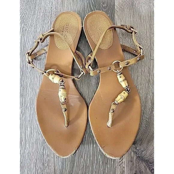 Gucci Bamboo Strappy Sandals Shoes Women's Size 7.5 B US Brown Leather - WEAR