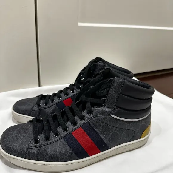 Gucci Black and Red Textured High-Top Sneakers