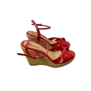 Gucci Penelope Red Patent Leather Microguccissima Wedge Platform Sandals Sz 38