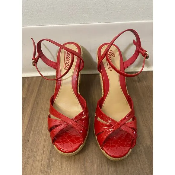 Gucci Penelope Red Patent Leather Microguccissima Wedge Platform Sandals Sz 38