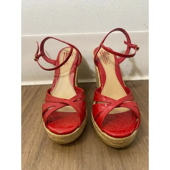 Gucci Penelope Red Patent Leather Microguccissima Wedge Platform Sandals Sz 38