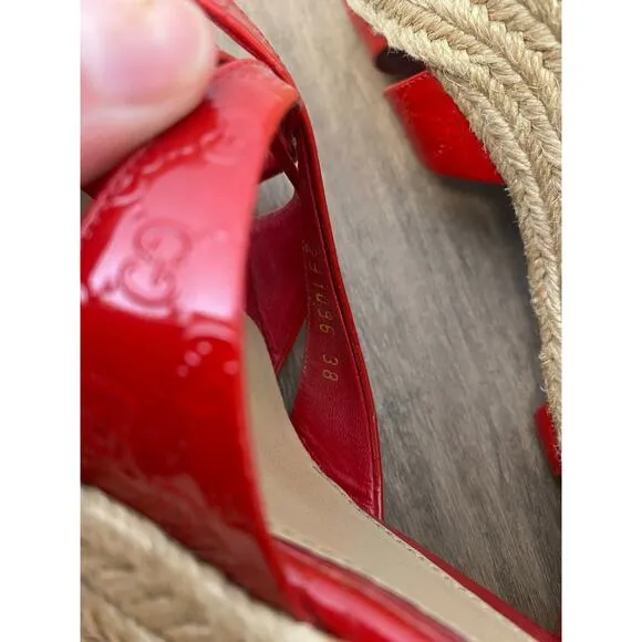 Gucci Penelope Red Patent Leather Microguccissima Wedge Platform Sandals Sz 38