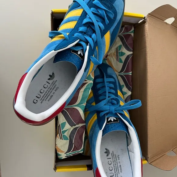 Gucci Style Men's Blue and Yellow Gazelle Sneakers