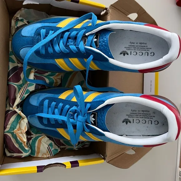 Gucci Style Men's Blue and Yellow Gazelle Sneakers