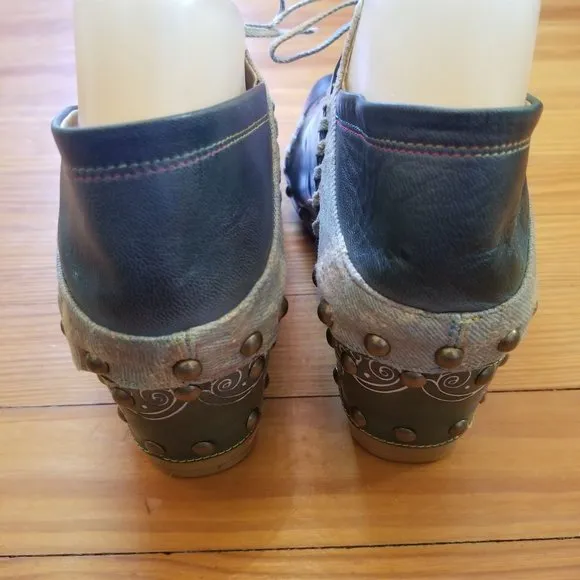 Handmade Leather 8 Clogs Lace Up Shoes Teal Blue Artsy Whimsygoth 39