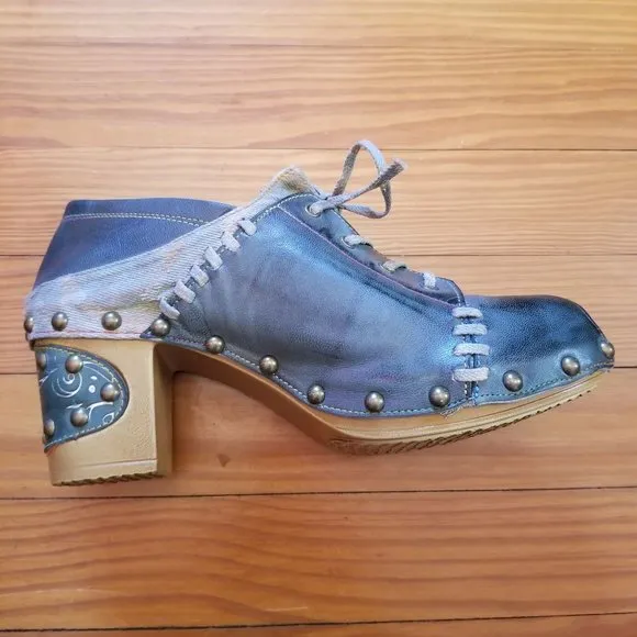 Handmade Leather 8 Clogs Lace Up Shoes Teal Blue Artsy Whimsygoth 39