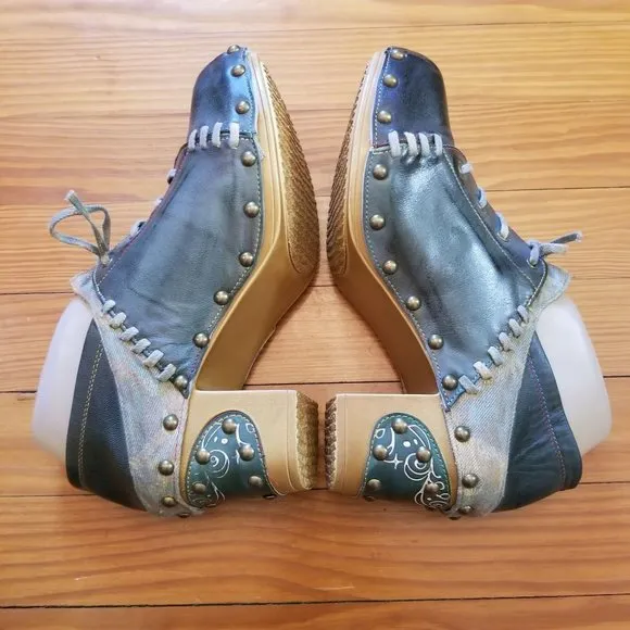 Handmade Leather 8 Clogs Lace Up Shoes Teal Blue Artsy Whimsygoth 39