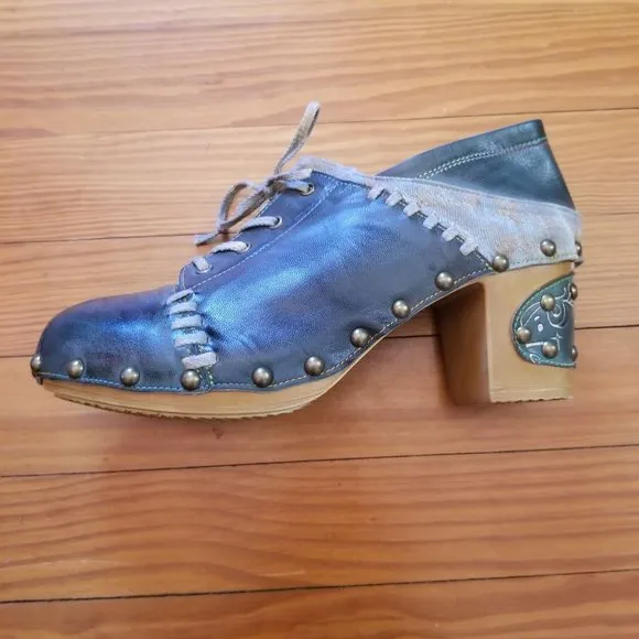 Handmade Leather 8 Clogs Lace Up Shoes Teal Blue Artsy Whimsygoth 39