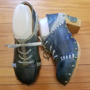 Handmade Leather 8 Clogs Lace Up Shoes Teal Blue Artsy Whimsygoth 39