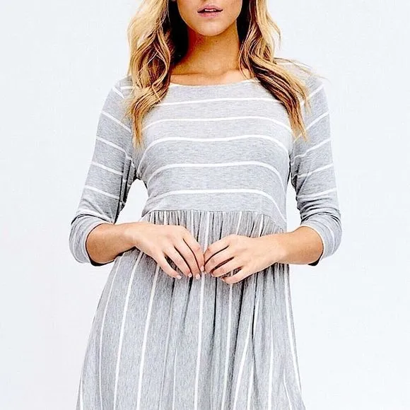 Heather Grey &amp; White Striped Babydoll Empire Dress