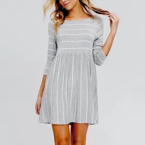Heather Grey &amp; White Striped Babydoll Empire Dress