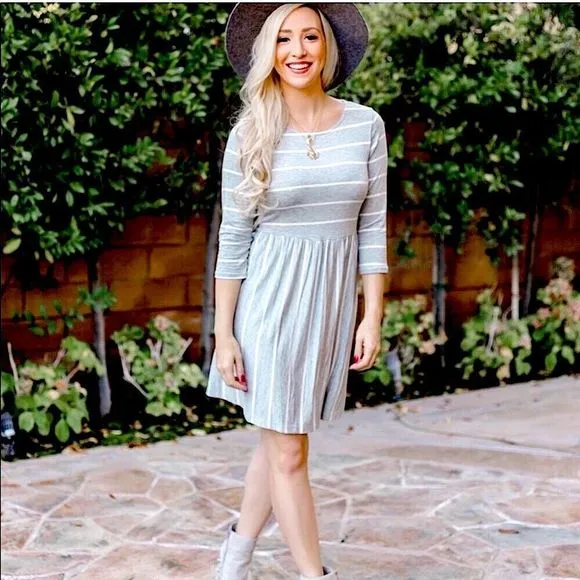 Heather Grey &amp; White Striped Babydoll Empire Dress