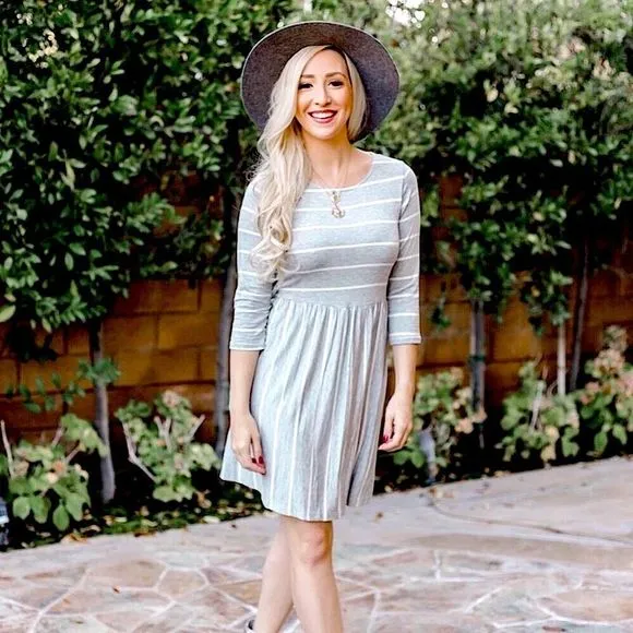 Heather Grey &amp; White Striped Babydoll Empire Dress
