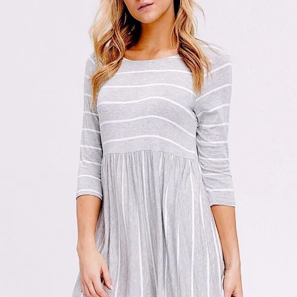 Heather Grey &amp; White Striped Babydoll Empire Dress