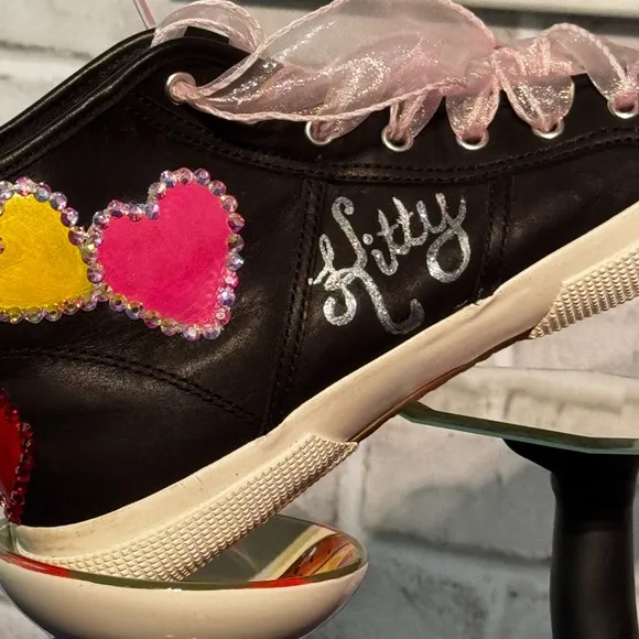Hello Kitty Ralph Lauren Black Leather Hearts Rhinestones High Top Sneaks W8.5