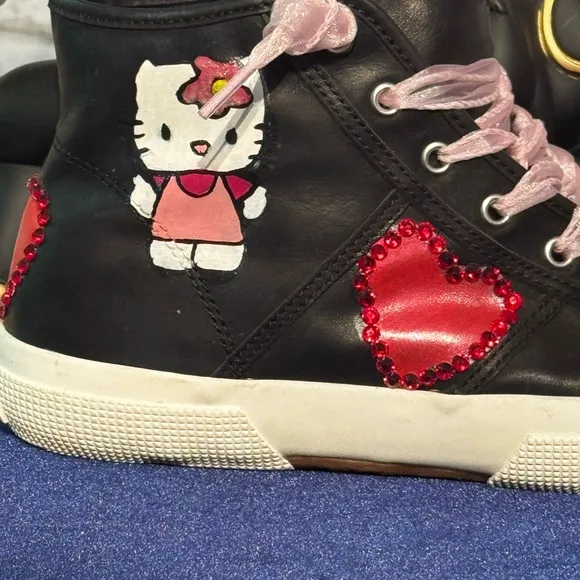 Hello Kitty Ralph Lauren Black Leather Hearts Rhinestones High Top Sneaks W8.5