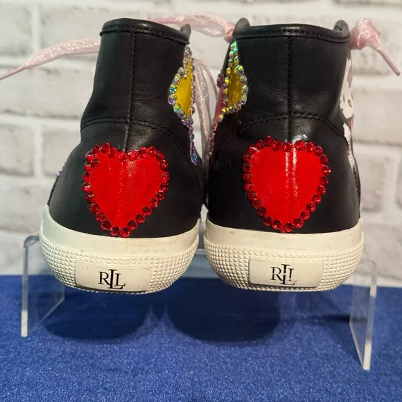 Hello Kitty Ralph Lauren Black Leather Hearts Rhinestones High Top Sneaks W8.5