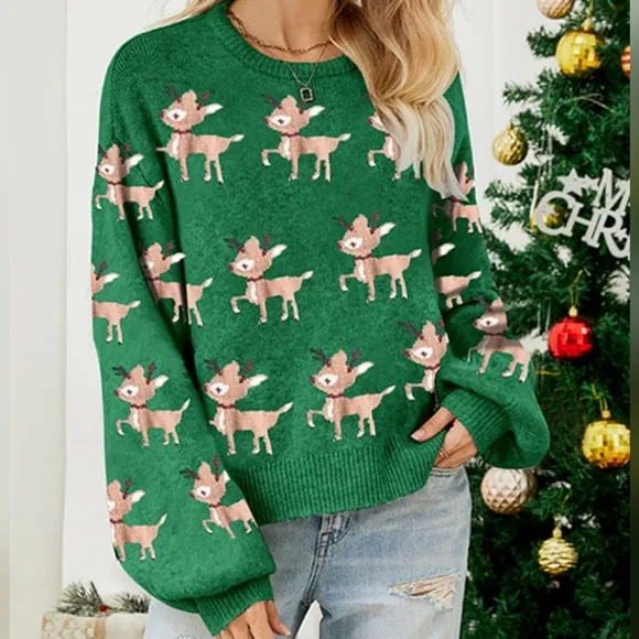 Holiday Reindeer Knit Shirt Round Neck Long Sleeve Pullover Christmas Sweater