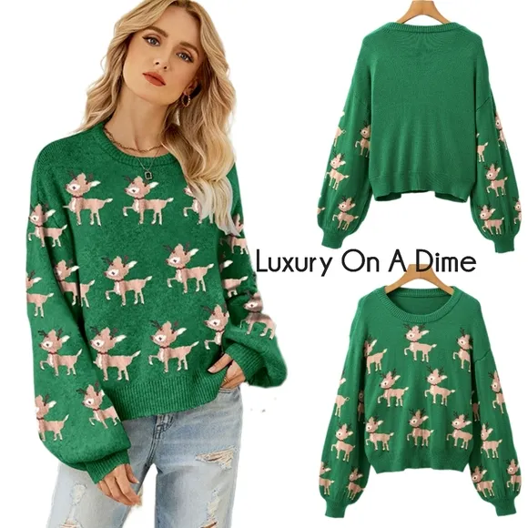 Holiday Reindeer Knit Shirt Round Neck Long Sleeve Pullover Christmas Sweater