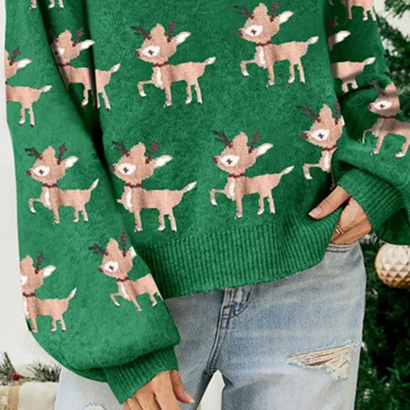 Holiday Reindeer Knit Shirt Round Neck Long Sleeve Pullover Christmas Sweater