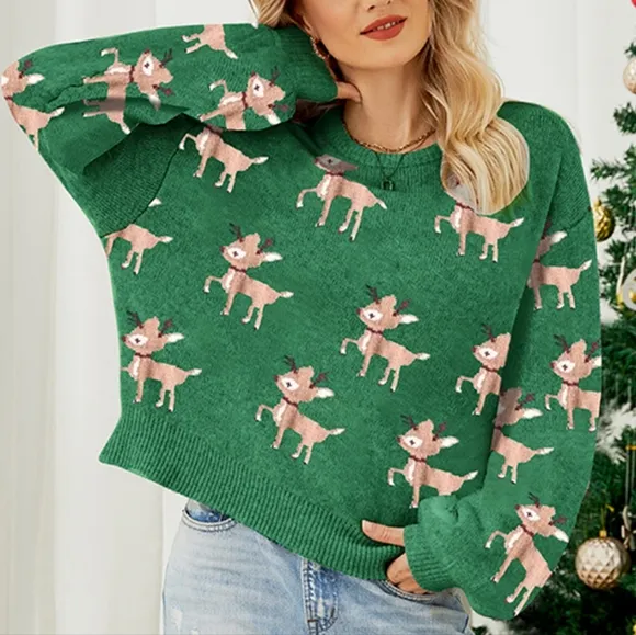 Holiday Reindeer Knit Shirt Round Neck Long Sleeve Pullover Christmas Sweater