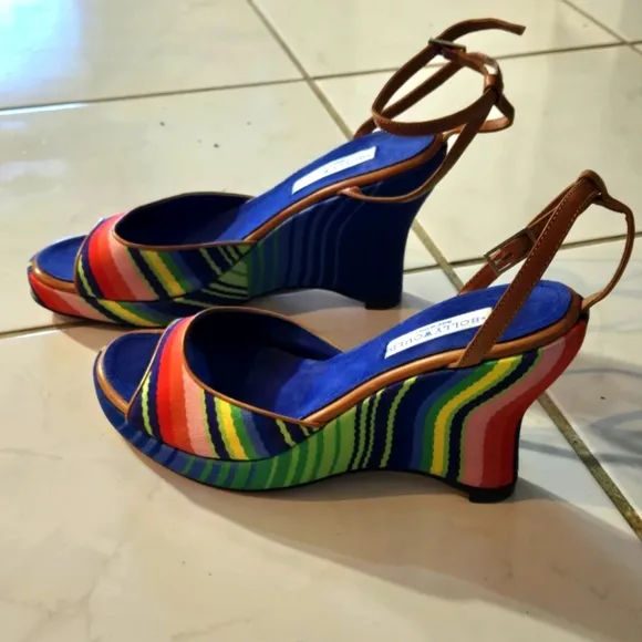 Hollywould Italian Wedge Heels 38 7.5 Rainbow Colorful Strappy Shoes Pride NEW