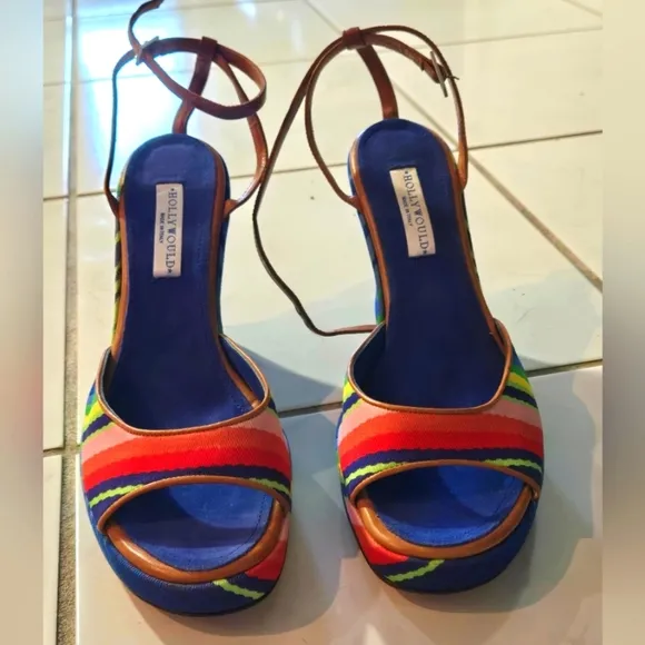 Hollywould Italian Wedge Heels 38 7.5 Rainbow Colorful Strappy Shoes Pride NEW