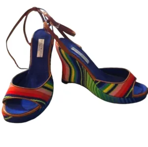 Hollywould Italian Wedge Heels 38 7.5 Rainbow Colorful Strappy Shoes Pride NEW