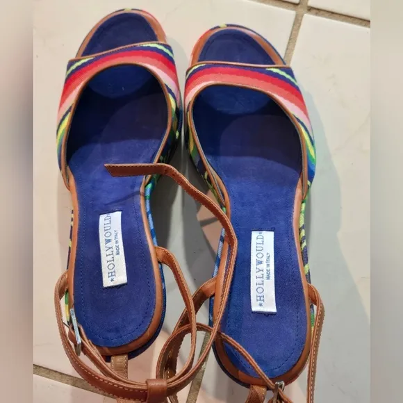Hollywould Italian Wedge Heels 38 7.5 Rainbow Colorful Strappy Shoes Pride NEW
