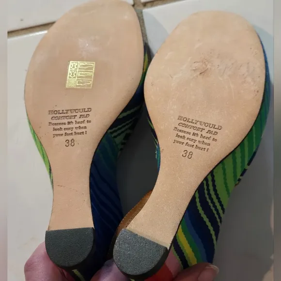 Hollywould Italian Wedge Heels 38 7.5 Rainbow Colorful Strappy Shoes Pride NEW