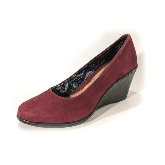 Hotter Wedge Shoes Suede Heels Women's Slip On Maroon Sz 6.5