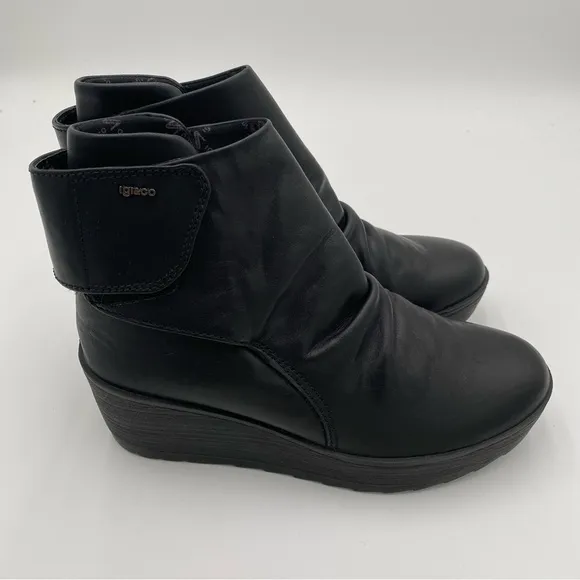 IGI&amp;CO Women's Leather Wedge Heeled Ankle Booties Boots Shoes Black 6.5 (NWOT)