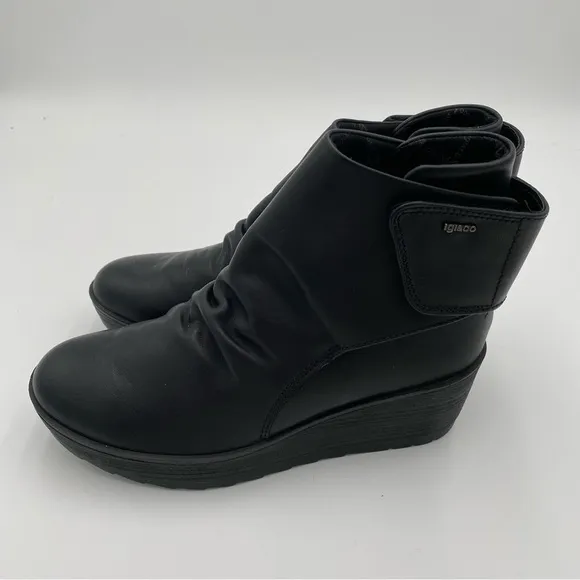 IGI&amp;CO Women's Leather Wedge Heeled Ankle Booties Boots Shoes Black 6.5 (NWOT)