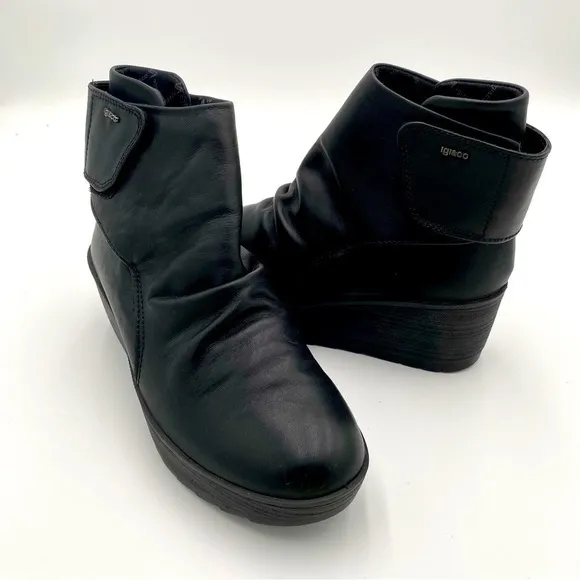 IGI&amp;CO Women's Leather Wedge Heeled Ankle Booties Boots Shoes Black 6.5 (NWOT)