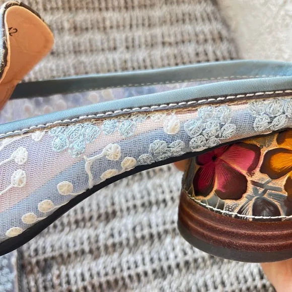 Imperfect floral mules multicolor peep-toe embroidered lace airy chunky heels