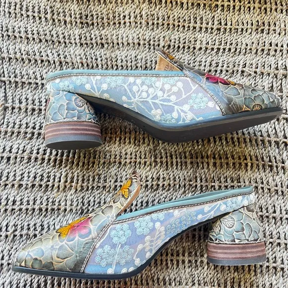 Imperfect floral mules multicolor peep-toe embroidered lace airy chunky heels