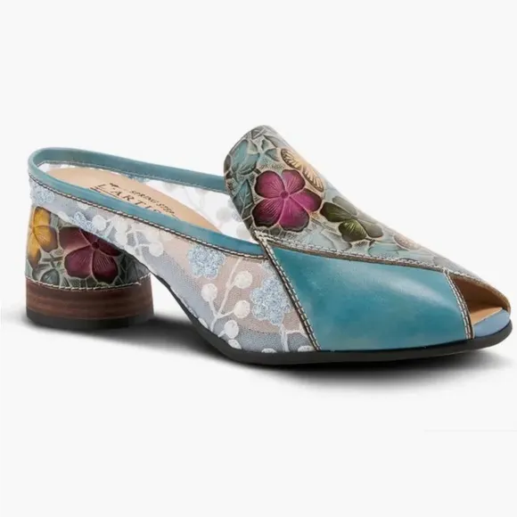 Imperfect floral mules multicolor peep-toe embroidered lace airy chunky heels