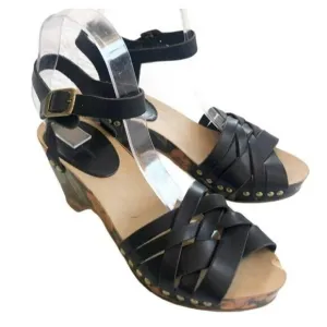 Isabel Marant Black Bianaca Leather Wooden Wedge Floral Print Sandals Eu 37