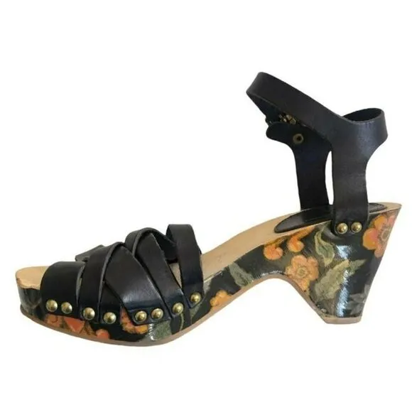 Isabel Marant Black Bianaca Leather Wooden Wedge Floral Print Sandals Eu 37