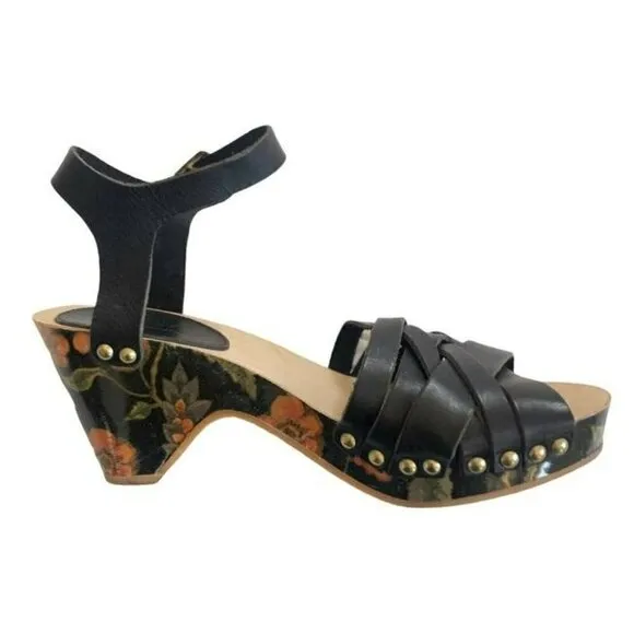 Isabel Marant Black Bianaca Leather Wooden Wedge Floral Print Sandals Eu 37