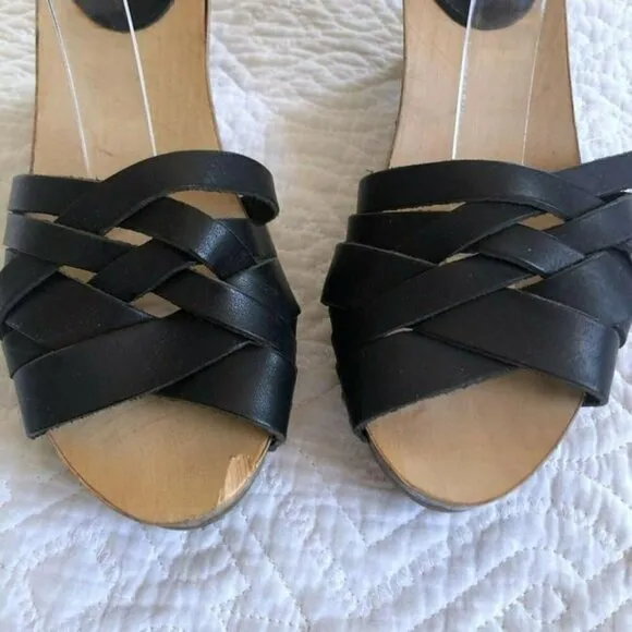 Isabel Marant Black Bianaca Leather Wooden Wedge Floral Print Sandals Eu 37