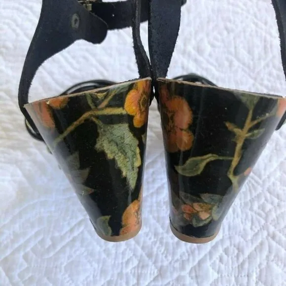 Isabel Marant Black Bianaca Leather Wooden Wedge Floral Print Sandals Eu 37