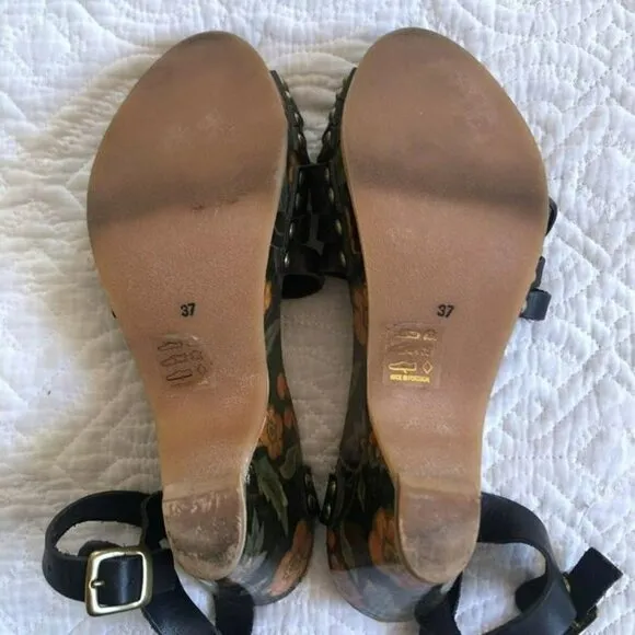 Isabel Marant Black Bianaca Leather Wooden Wedge Floral Print Sandals Eu 37